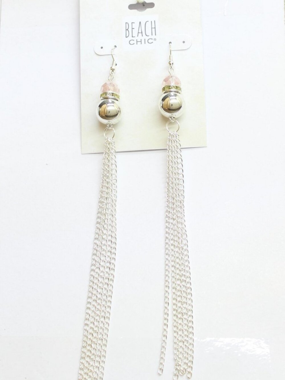 NWT Beach Chic Beaded Long Chain Drop Earrings Silver Gray / Multi 6.5"